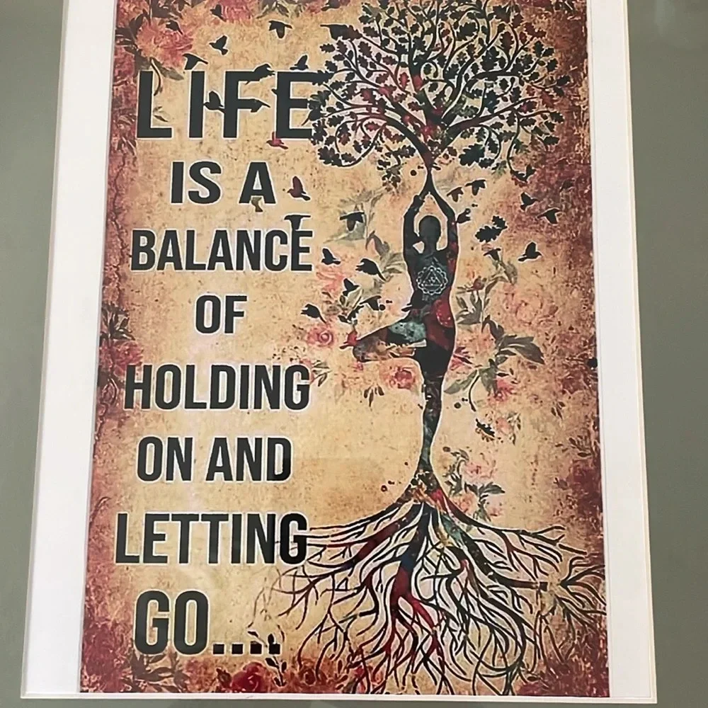 Framed and matted yoga print with inspirational saying. Black frame/olive matte